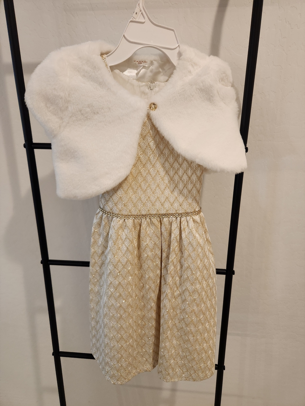 Tahari Girls Gold Brocade Dress with White Faux Fur Bolero